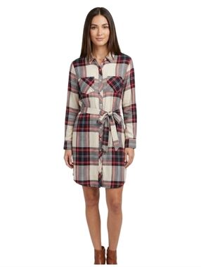 BEACHLUNCHLOUNGE Red Plaid Button Down Women's Tunic Dress with Matching Belt